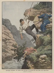 Spannende Rettung, zwei kleine Schwestern aus dem Grund einer Schlucht gerettet, in die sie gefallen waren, ohne sich schwer zu verletzen